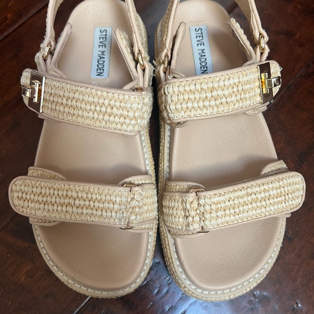 Steve Madden Tan Woven Sandals with Adjustable Ankle Strap